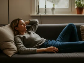 Småbarnsmor praktiserer NSDR — non-sleep deep rest — på sofaen