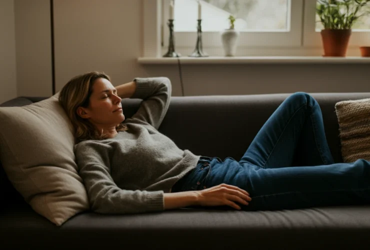 Småbarnsmor praktiserer NSDR — non-sleep deep rest — på sofaen