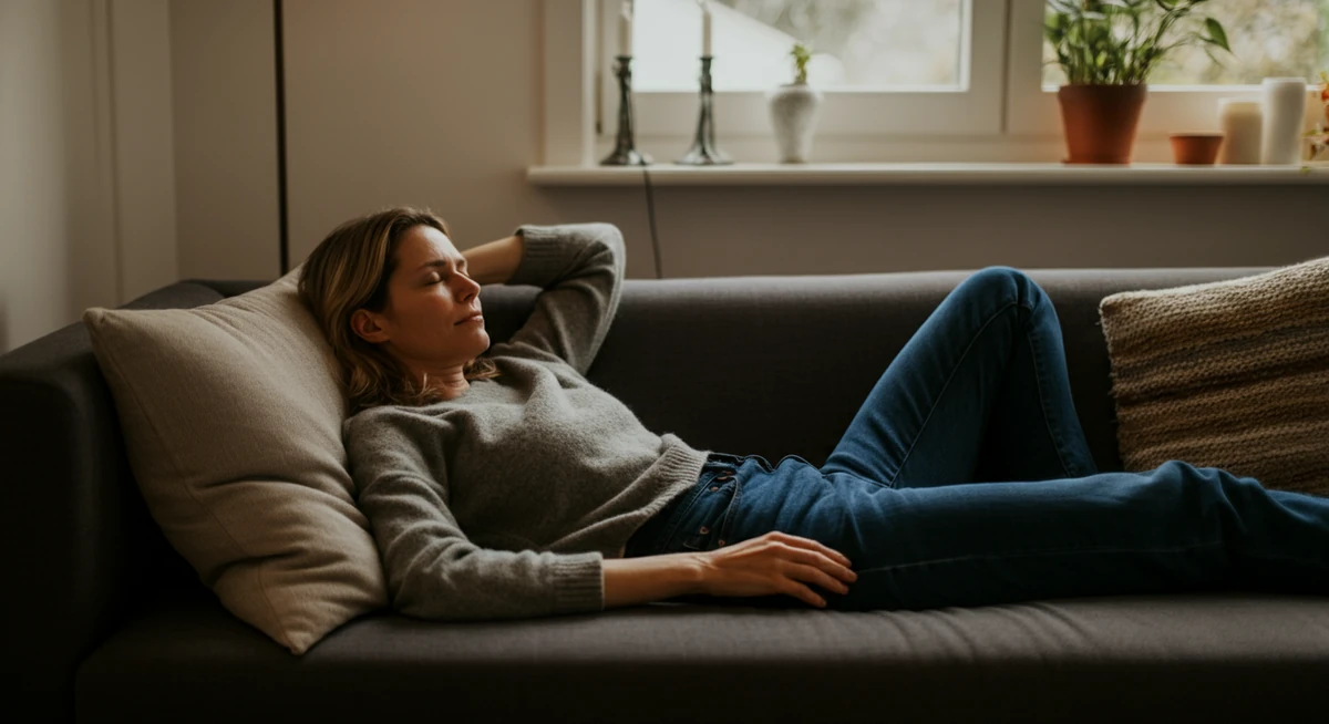 Småbarnsmor praktiserer NSDR — non-sleep deep rest — på sofaen