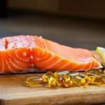 Norsk laksfilet med omega-3 tilskudd kapsler på trefjøl, nordisk kjøkken