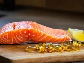 Norsk laksfilet med omega-3 tilskudd kapsler på trefjøl, nordisk kjøkken
