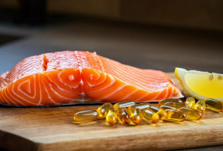 Norsk laksfilet med omega-3 tilskudd kapsler på trefjøl, nordisk kjøkken