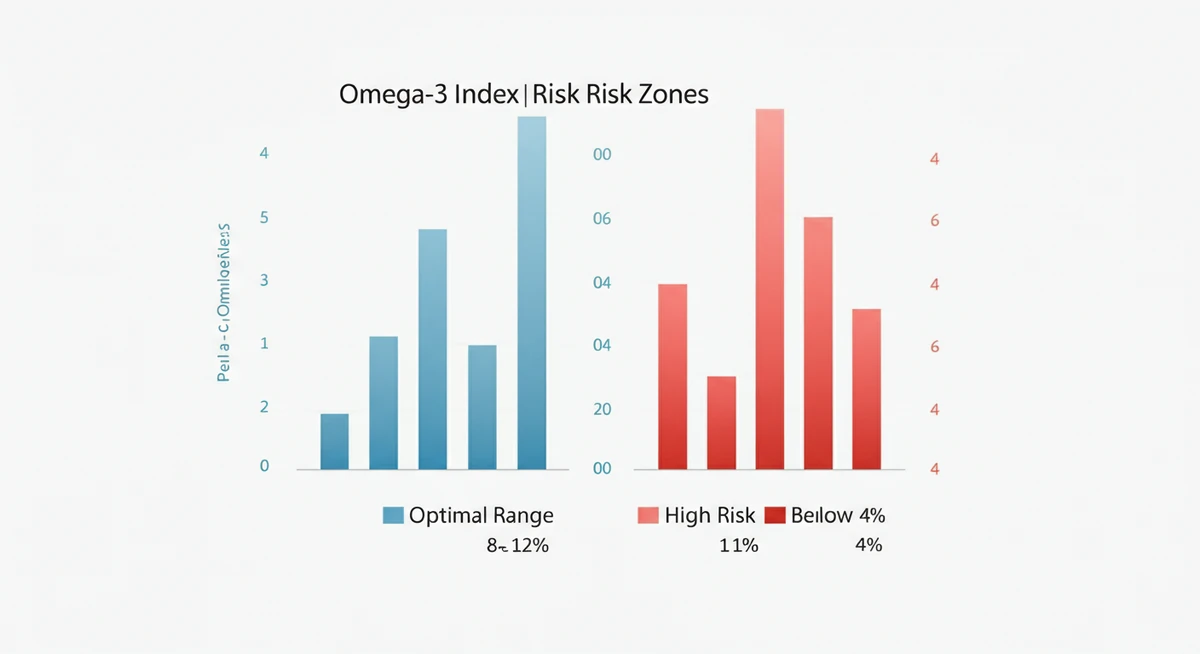 Omega-3 indeks risikosoner diagram som viser optimalt område 8-12% versus høy risiko under 4%