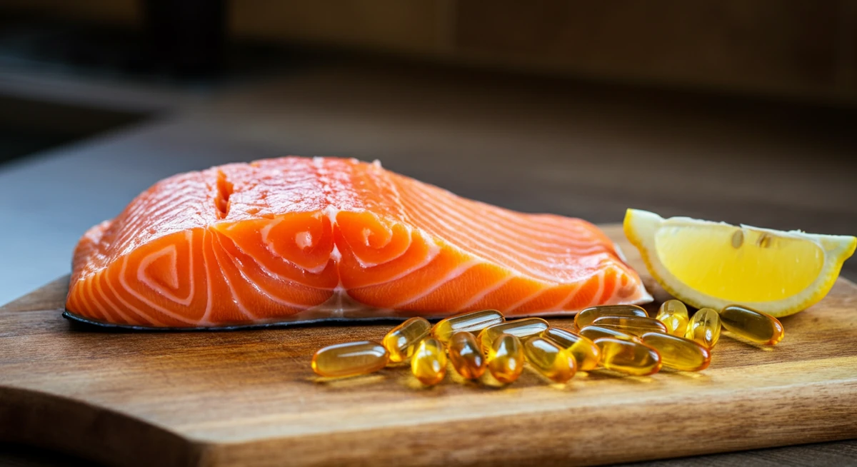 Norsk laksfilet med omega-3 tilskudd kapsler på trefjøl, nordisk kjøkken