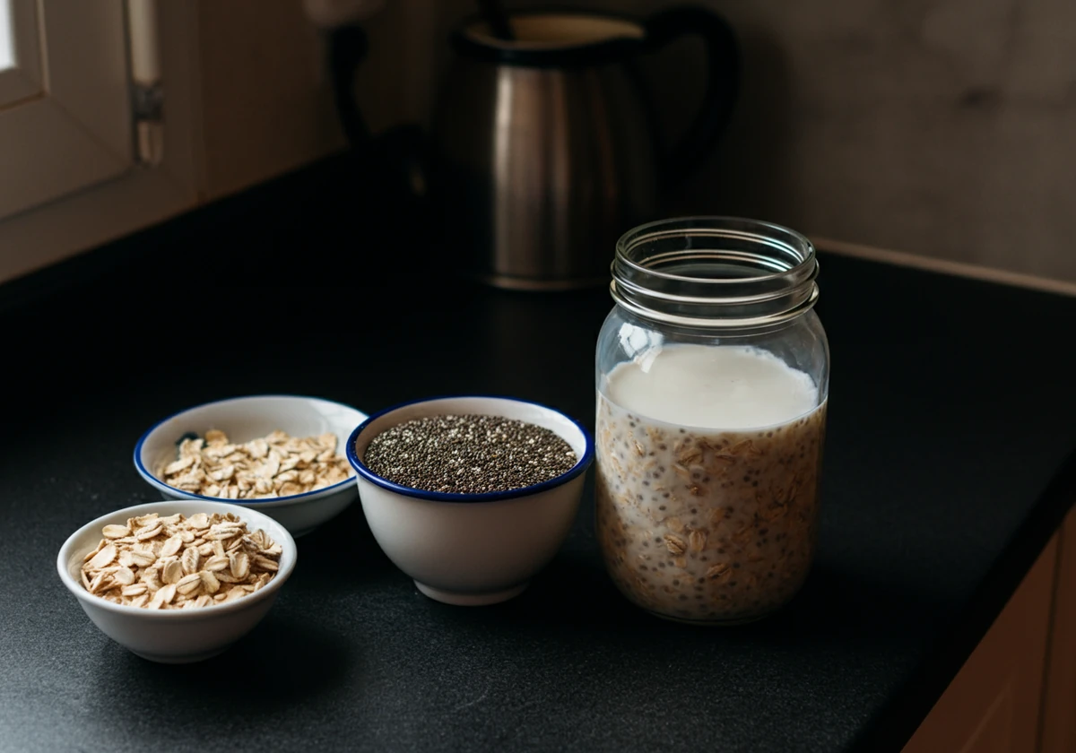 Råvarer til overnight oats: havregryn, chiafrø og melk