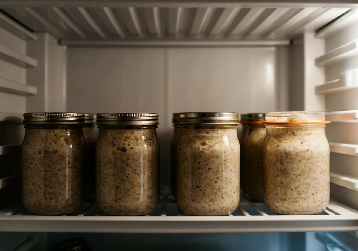 Flere glass overnight oats står i kjøleskapet over natten