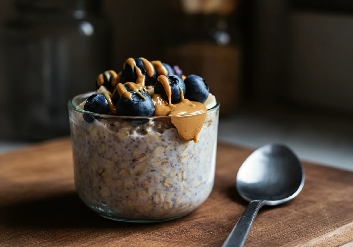Overnight oats toppet med banan, blåbær og peanøttsmør