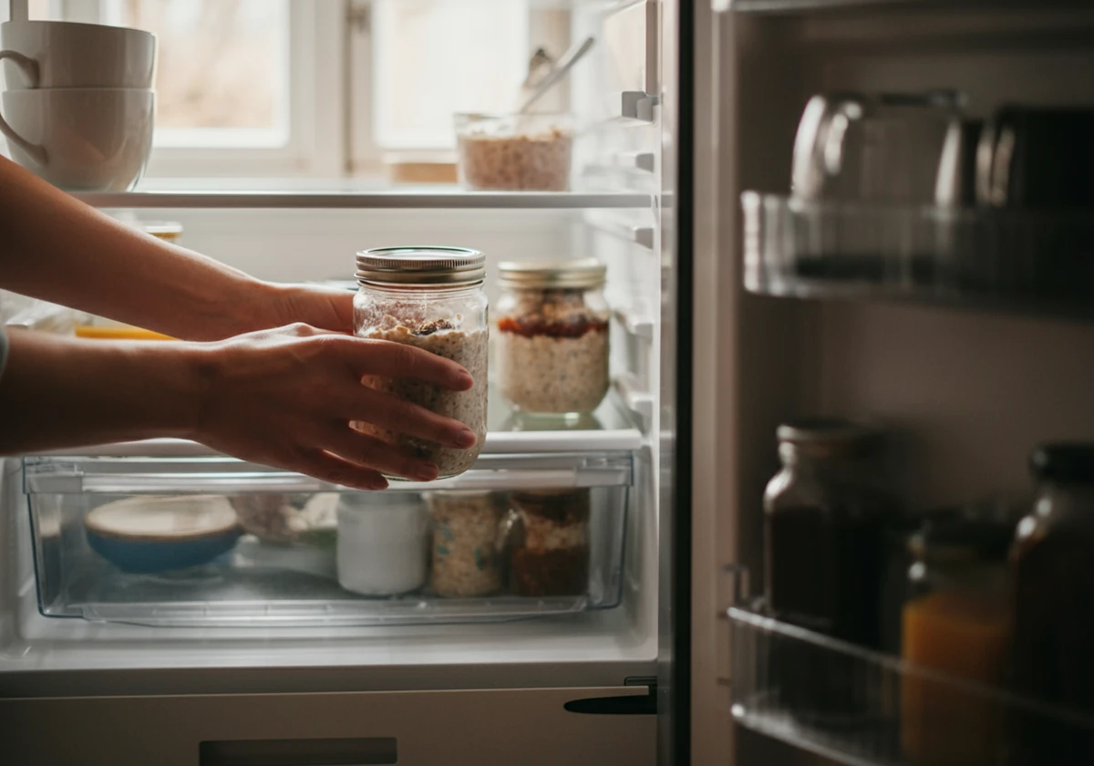 Ferdig overnight oats tas rett fra kjøleskapet en travel morgen
