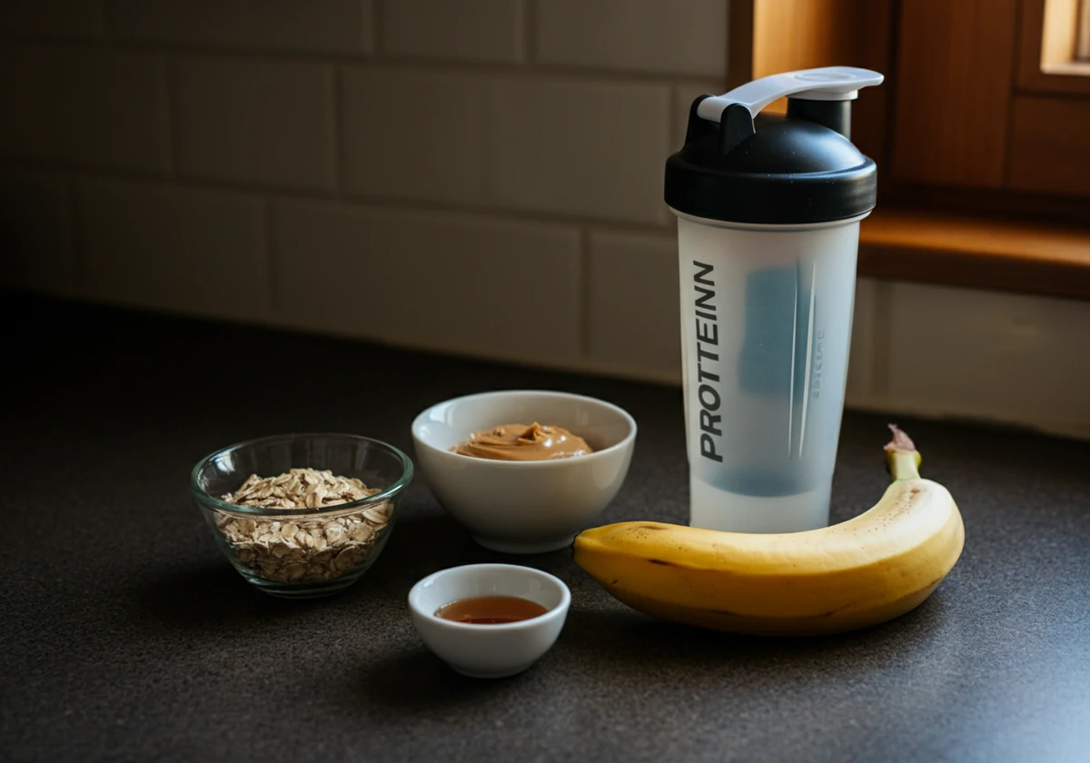 Råvarer til pre workout snack: banan, havre og peanøttsmør