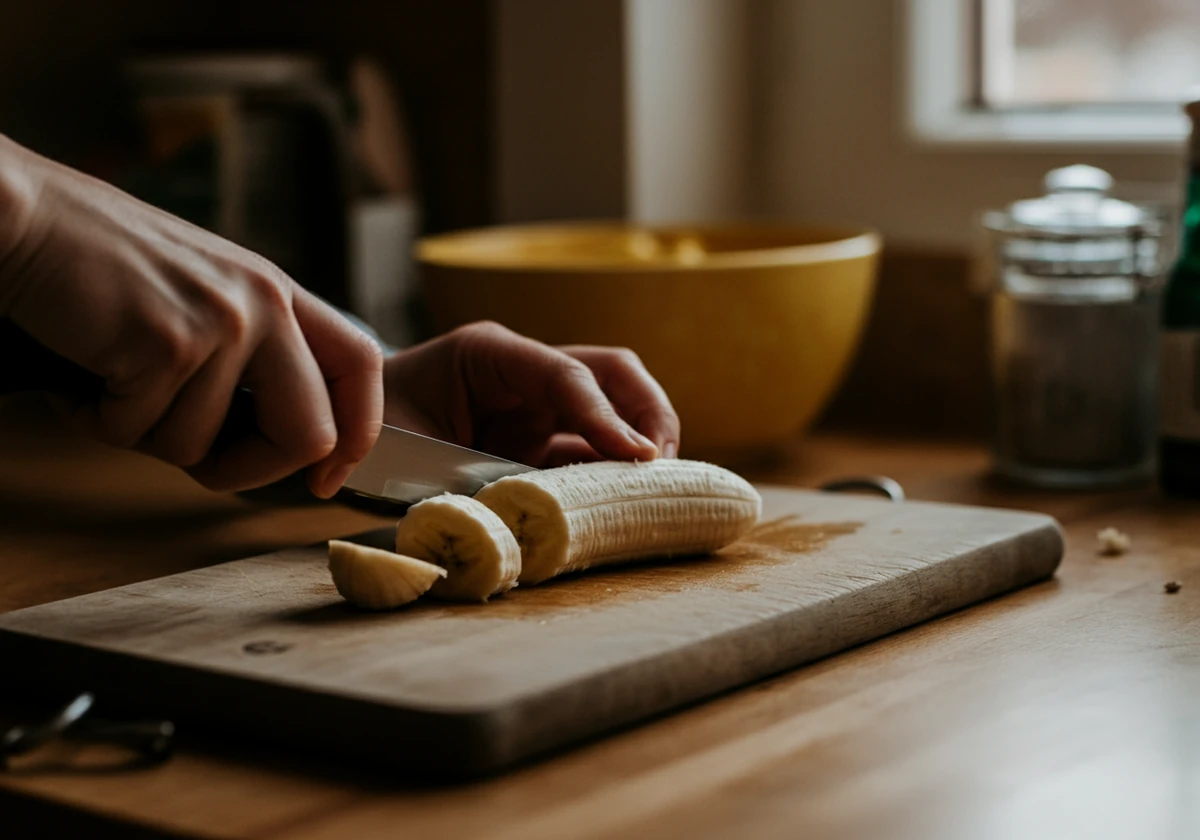 Banan skjæres i skiver på fjøl