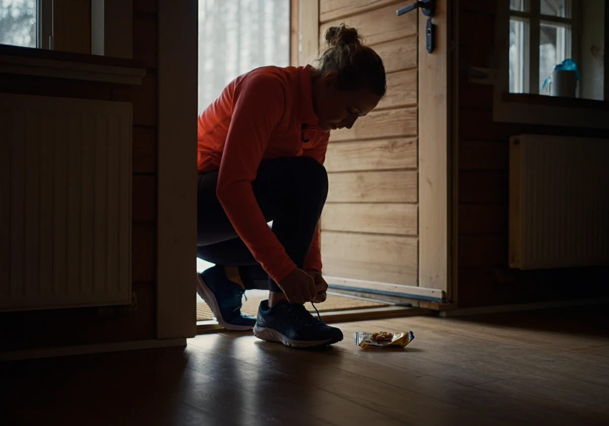 Skoene knyttes etter en lett snack rett før løpetur