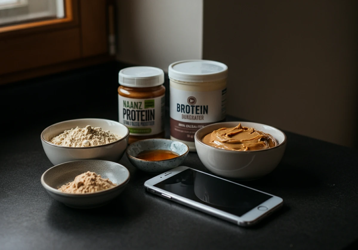 Råvarer til proteinbar: havre, proteinpulver, peanøttsmør og honning