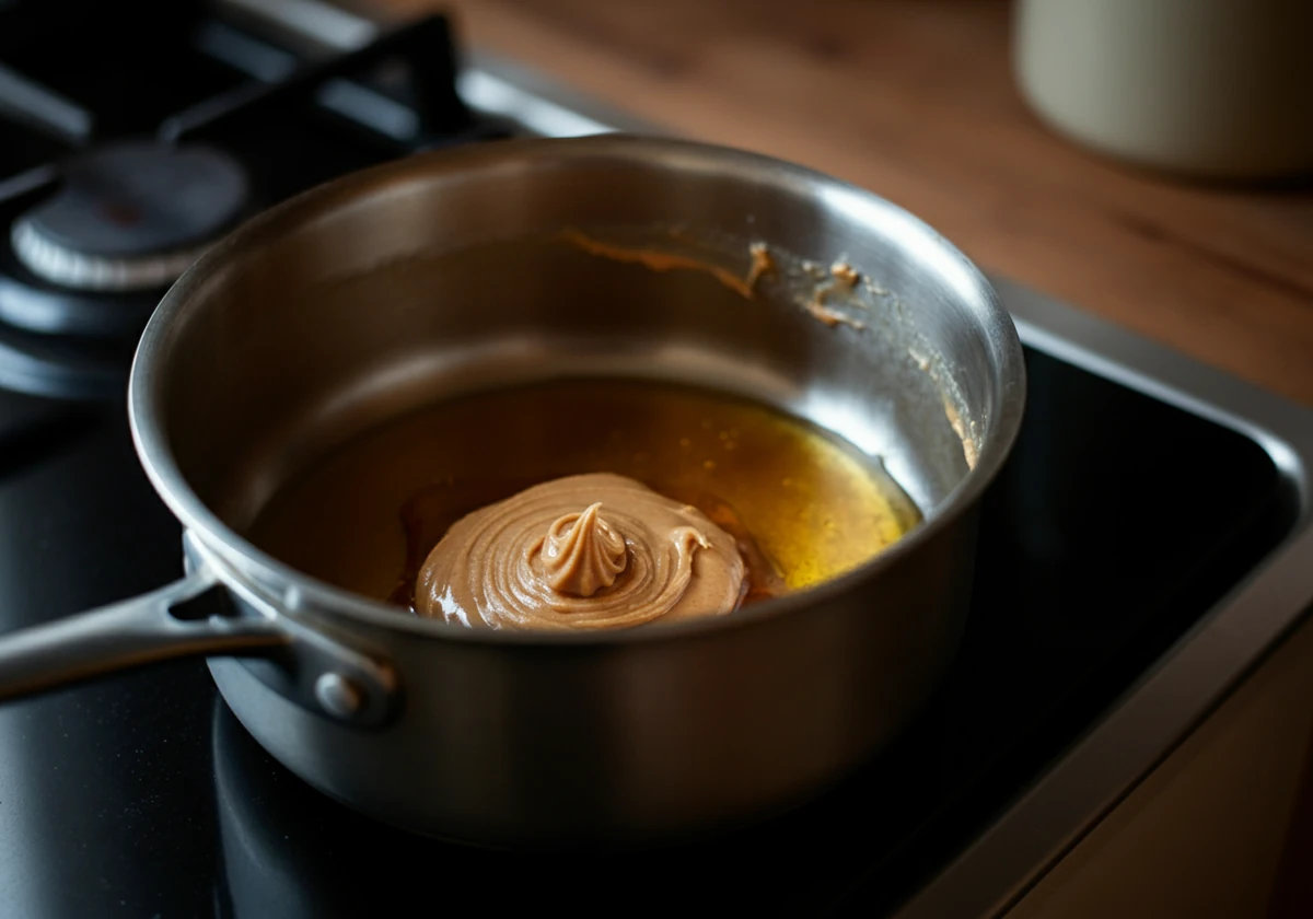 Peanøttsmør og honning smeltes sammen i kjele