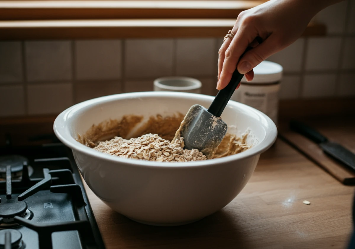 Proteinpulver og havre blandes til en seig deig