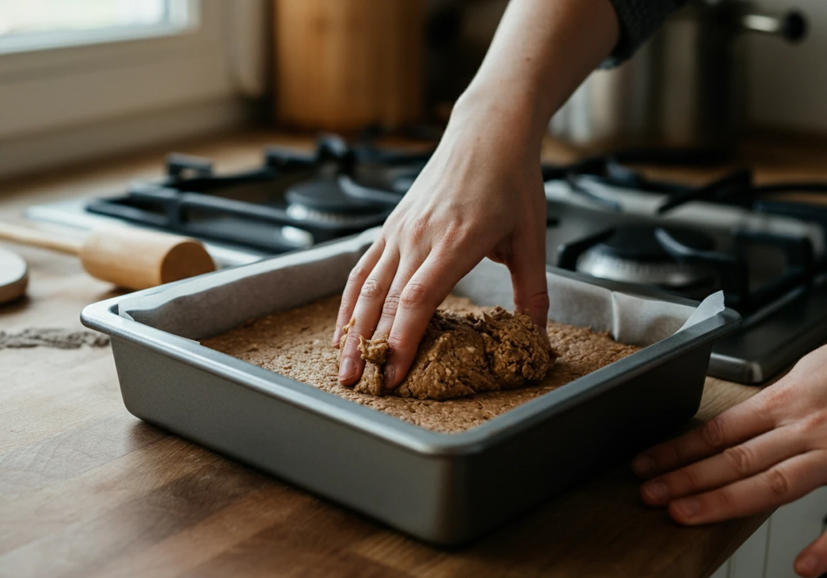 Proteinbar-massen presses ned i en form med bakepapir