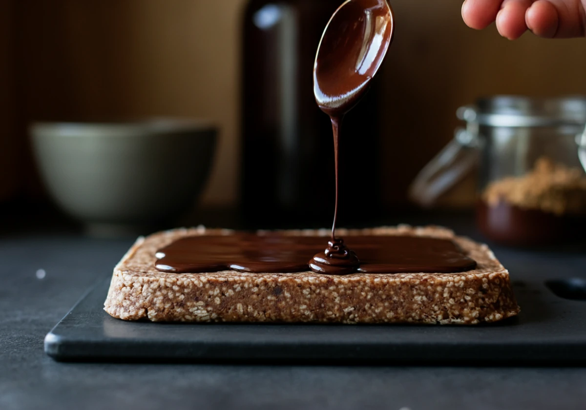 Smeltet mørk sjokolade dryppes over proteinbar-platen