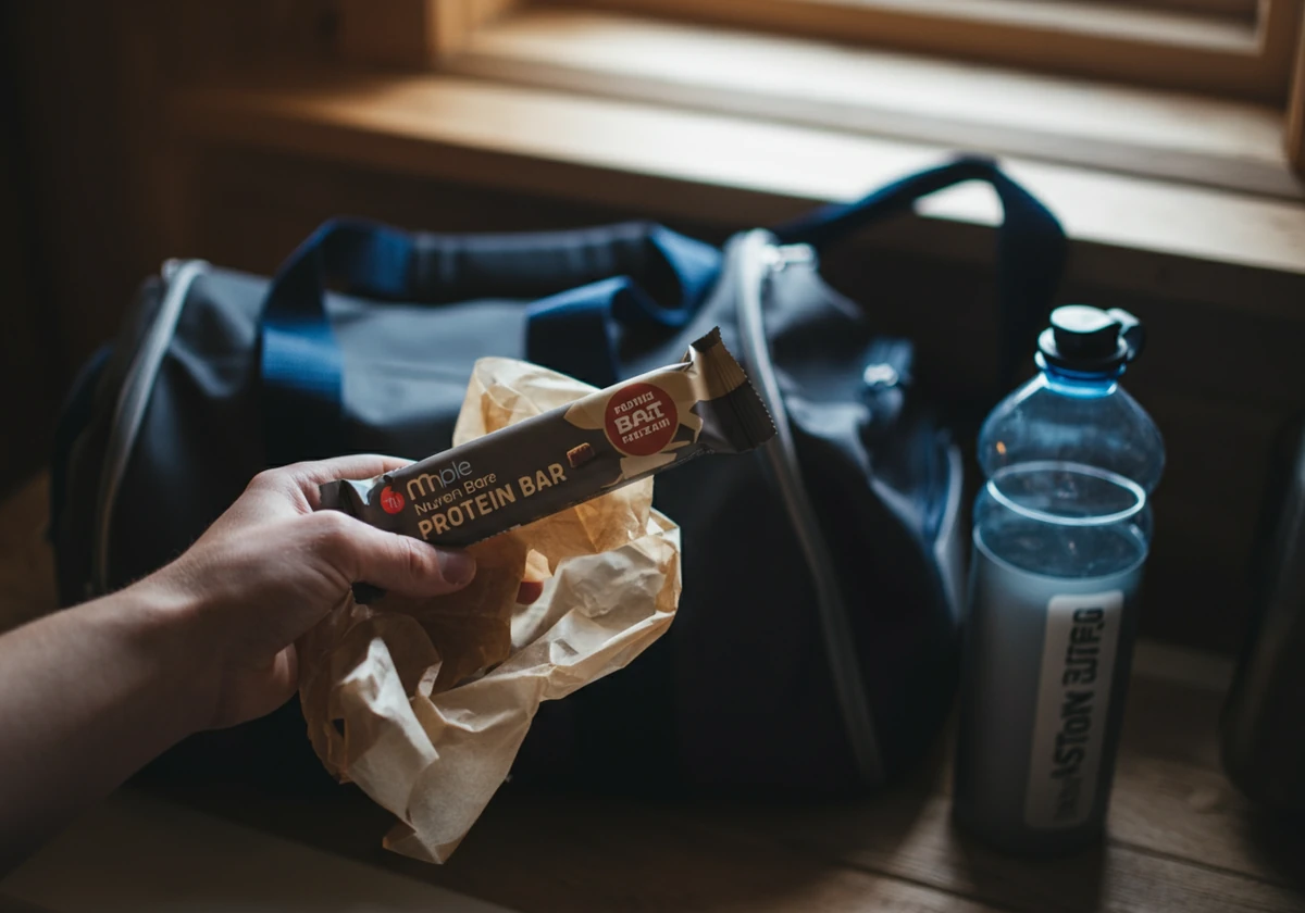 Ferdig proteinbar pakket i papir ved siden av en treningsbag