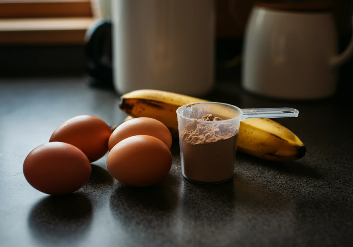 Tre råvarer til proteinpannekaker: egg, banan og proteinpulver
