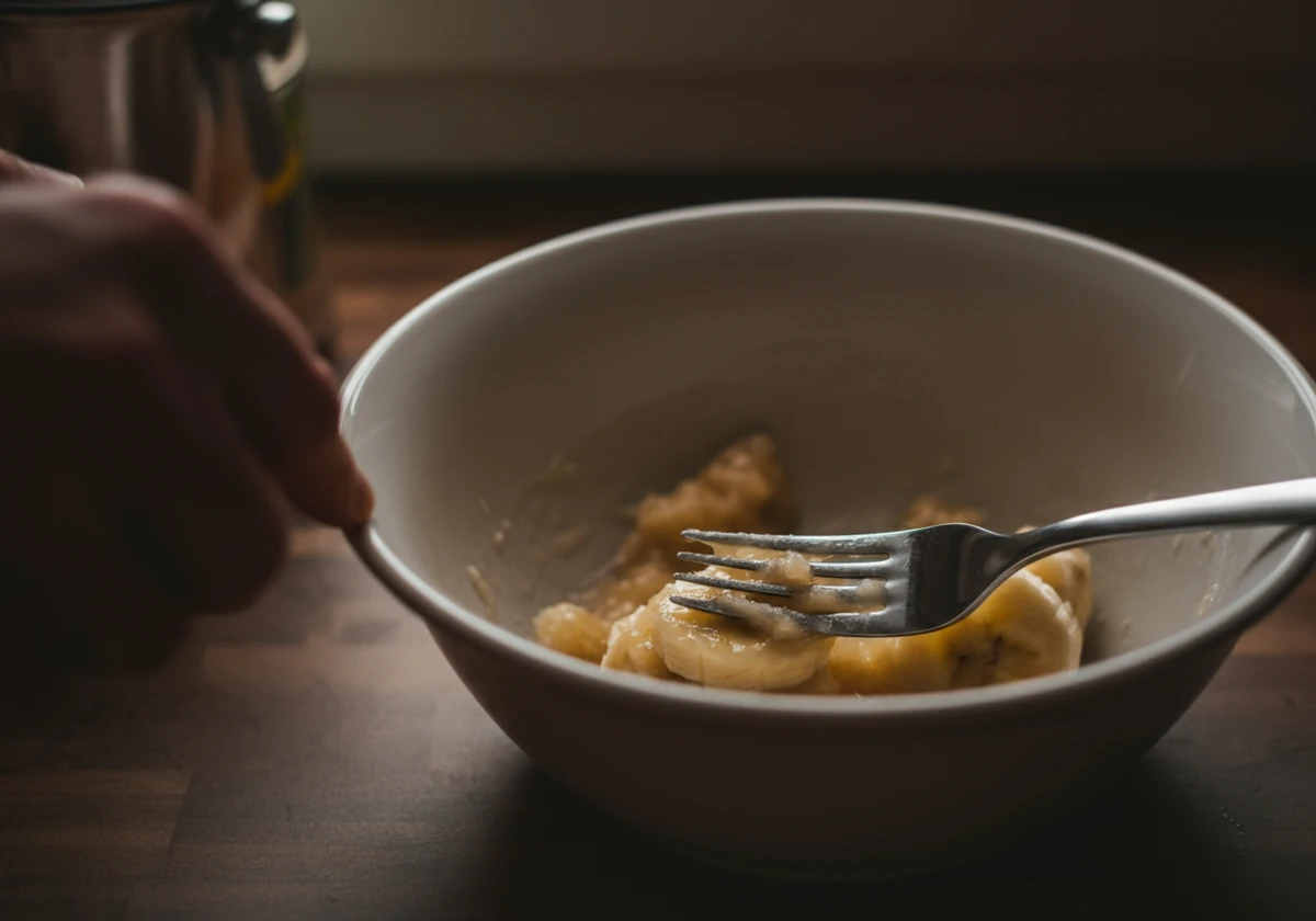 Banan moses med gaffel i en bolle