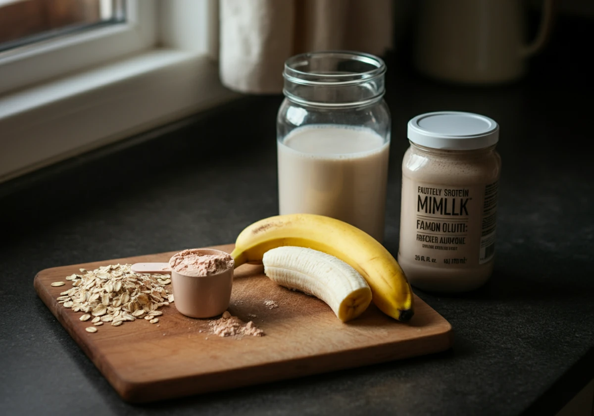 Råvarer til proteinsmoothie: proteinpulver, banan, havre og mandelmelk
