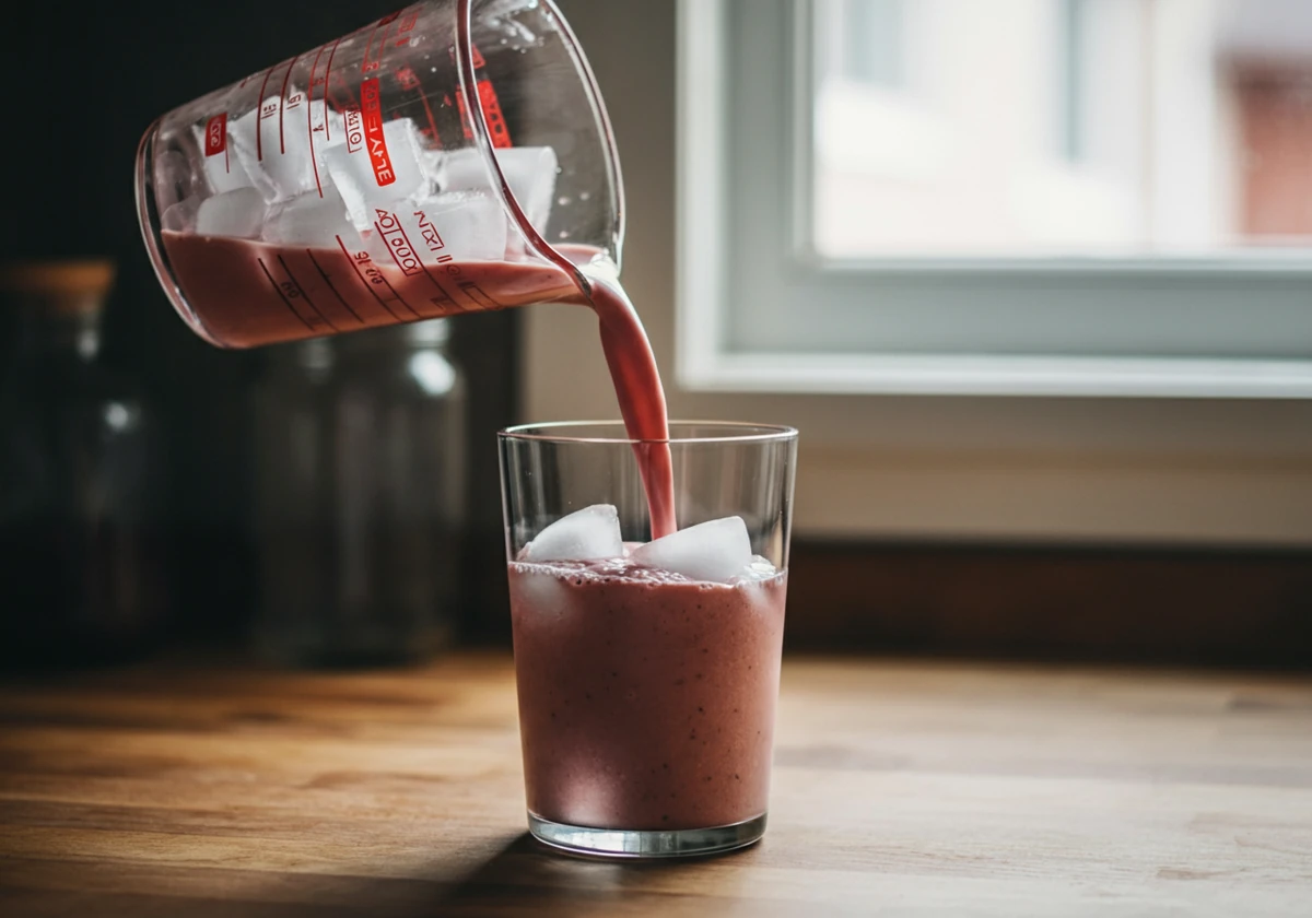Iskald smoothie helles fra målekanne i glass