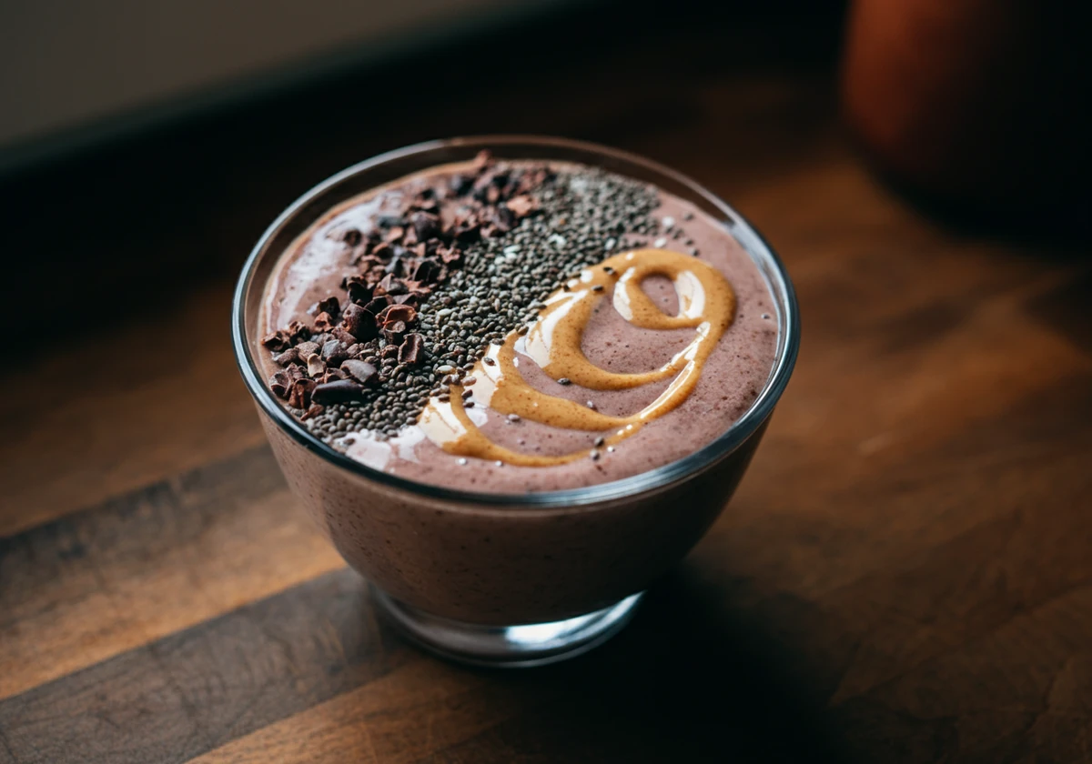 Smoothie toppet med kakaonibs, chia og mandelsmør