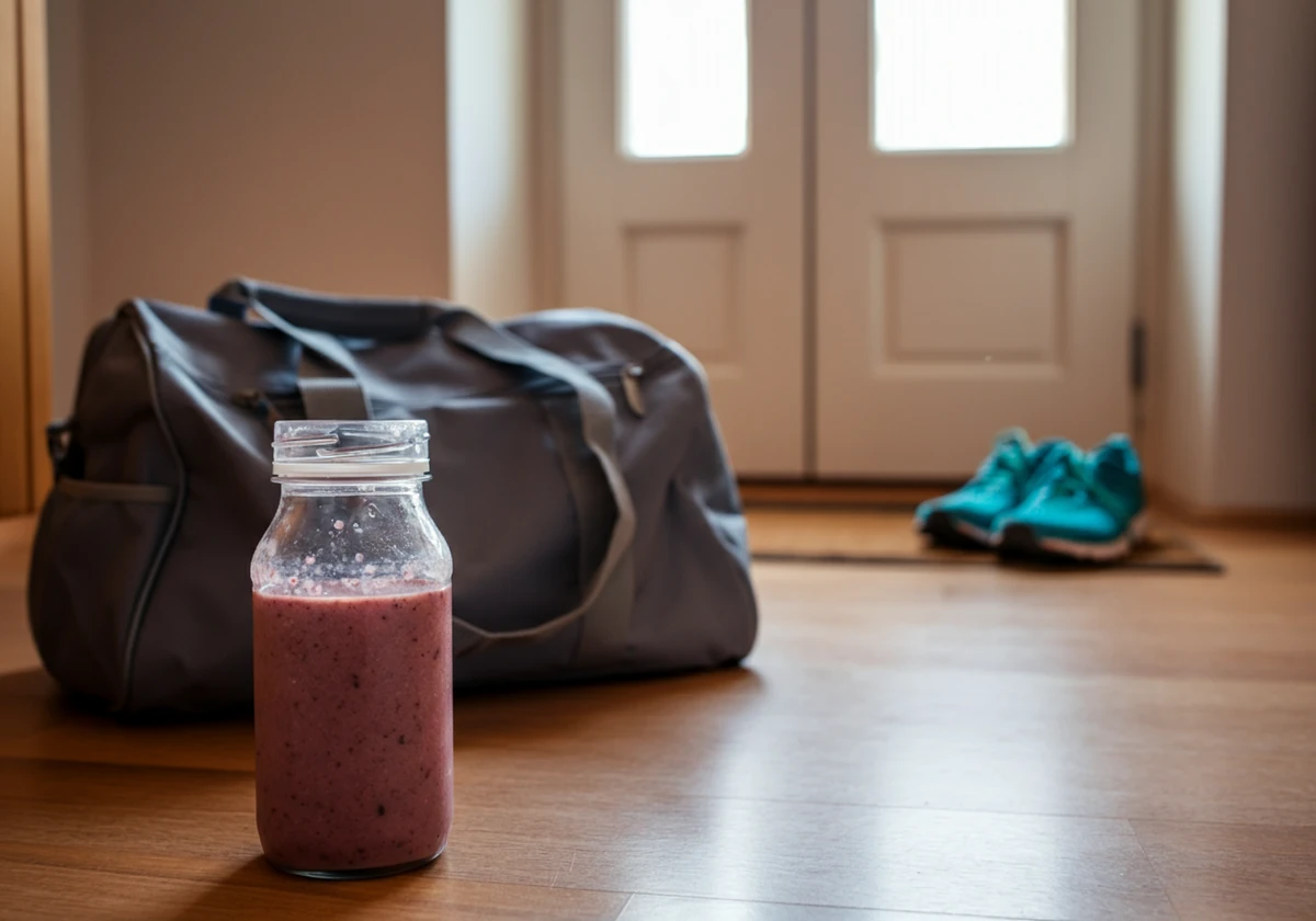 Smoothie i flaske ved siden av treningsbag