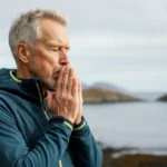 Mann over 60 praktiserer trygg pust-eksponering ute
