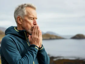 Mann over 60 praktiserer trygg pust-eksponering ute
