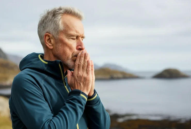 Mann over 60 praktiserer trygg pust-eksponering ute