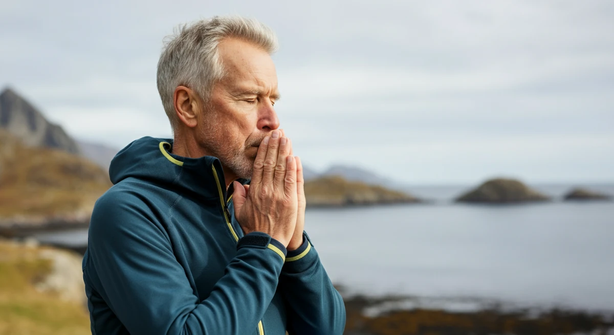 Mann over 60 praktiserer trygg pust-eksponering ute