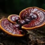 Reishi sopp Ganoderma lucidum med blank overflate i skogen