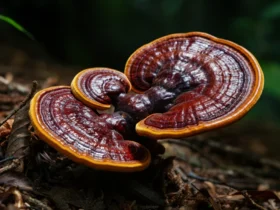 Reishi sopp Ganoderma lucidum med blank overflate i skogen