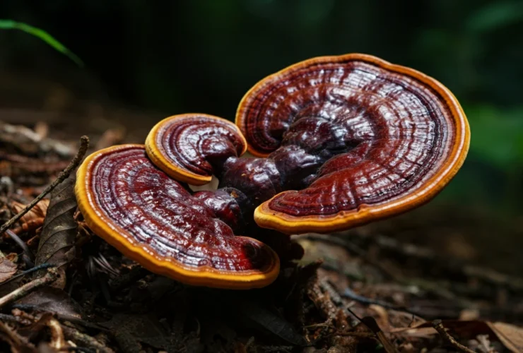 Reishi sopp Ganoderma lucidum med blank overflate i skogen