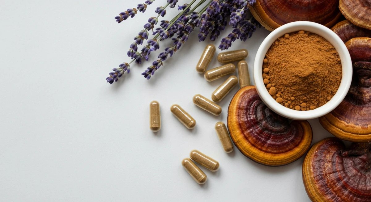 Reishi sopp ekstrakt pulver og kapsler med lavendel