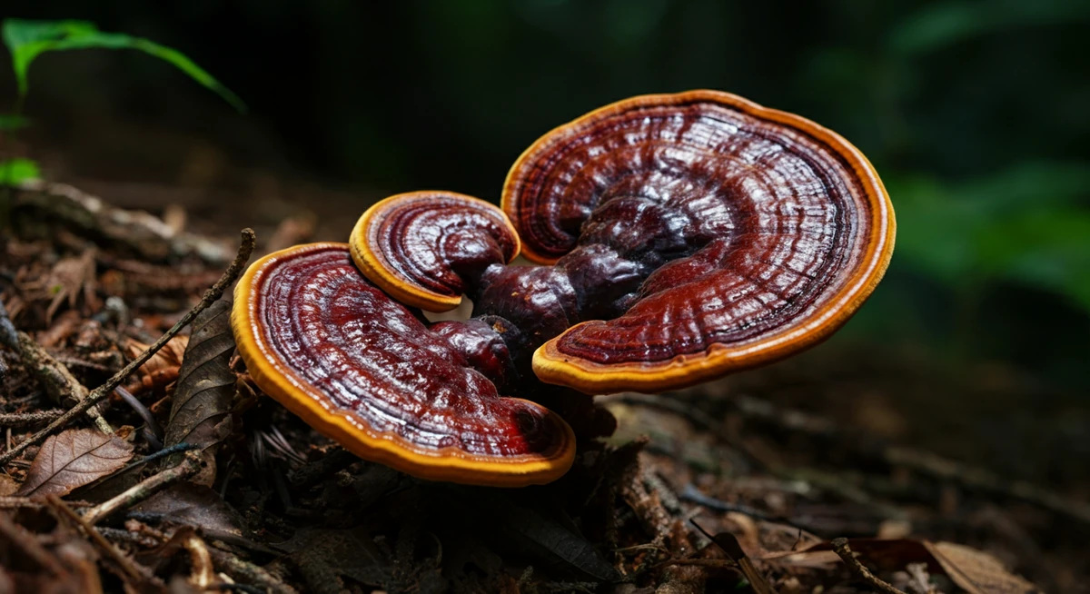 Reishi sopp Ganoderma lucidum med blank overflate i skogen