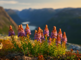 Rhodiola rosea rosenrot blomster på norsk fjellklippe i Jotunheimen