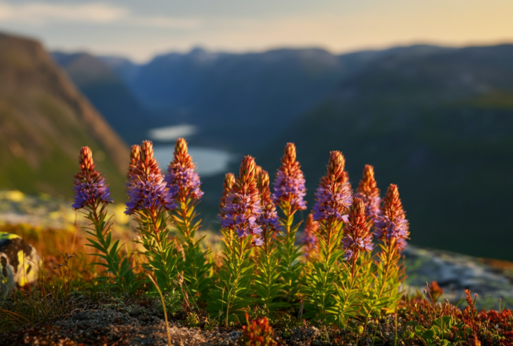 Rhodiola rosea rosenrot blomster på norsk fjellklippe i Jotunheimen