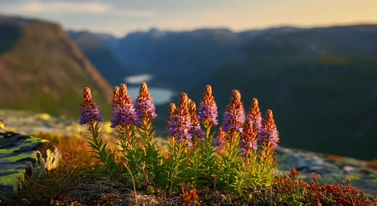 Rhodiola rosea rosenrot blomster på norsk fjellklippe i Jotunheimen