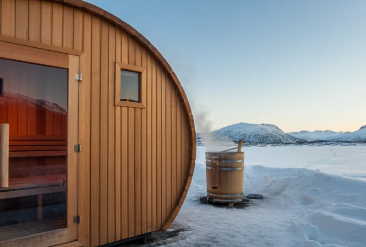 Norsk badstu og isbad-tønne ute — tradisjonell kontrastbad-setup