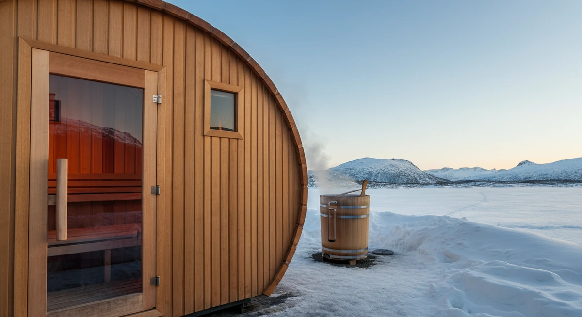 Norsk badstu og isbad-tønne ute — tradisjonell kontrastbad-setup