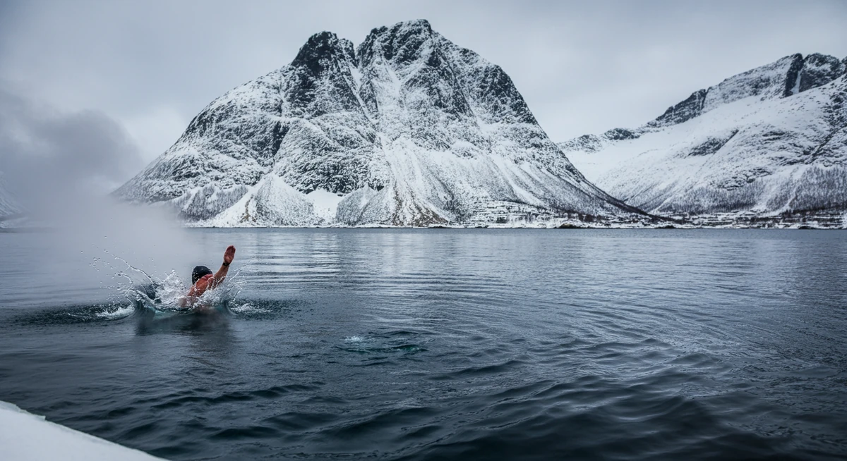 Hopp i iskaldt fjordvann etter badstu — kontrastbad i Lofoten