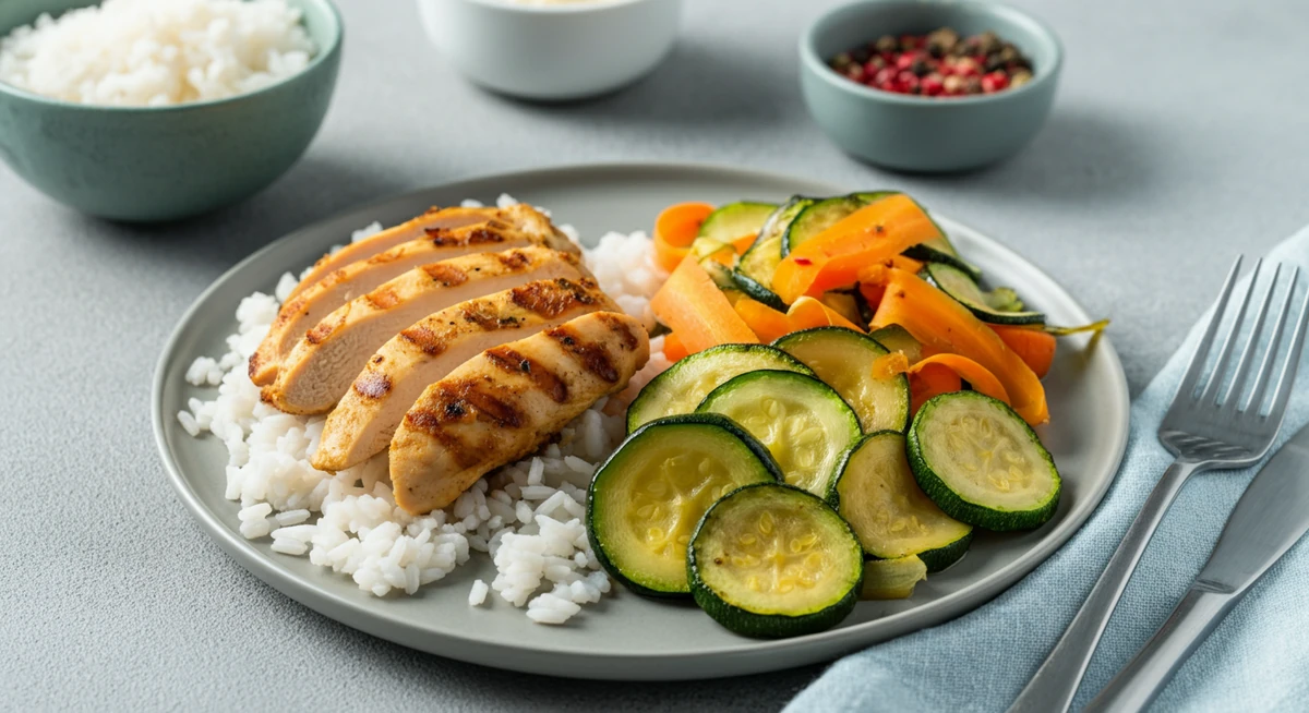 Lavt FODMAP måltid: kylling, ris og grønnsaker for SIBO-diett