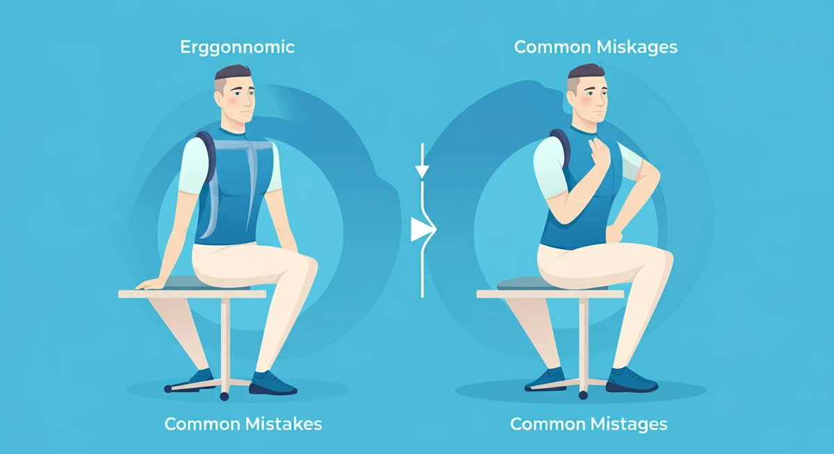 Ergonomisk sittestilling diagram som viser riktig holdning versus vanlige feil