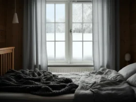 Koselig nordisk soverom om vinteren med lett åpent vindu og snø utenfor