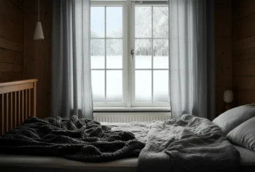 Koselig nordisk soverom om vinteren med lett åpent vindu og snø utenfor