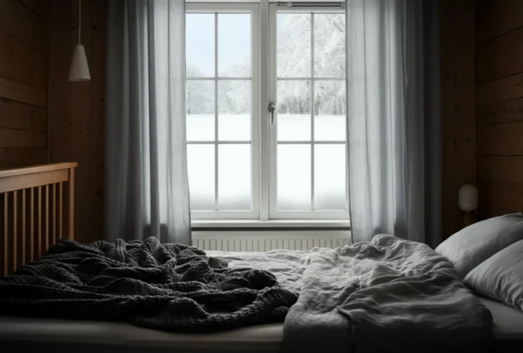 Koselig nordisk soverom om vinteren med lett åpent vindu og snø utenfor