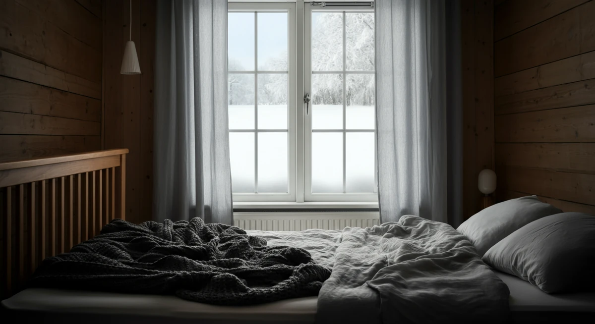 Koselig nordisk soverom om vinteren med lett åpent vindu og snø utenfor