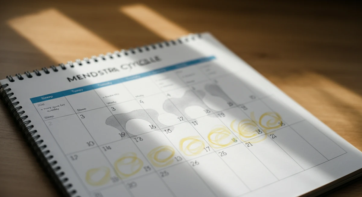 Syklus-kalender med søvnkvalitet markert per dag