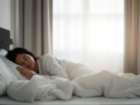 Person sover fredelig i nordisk soverom, morgenslys gjennom gardiner
